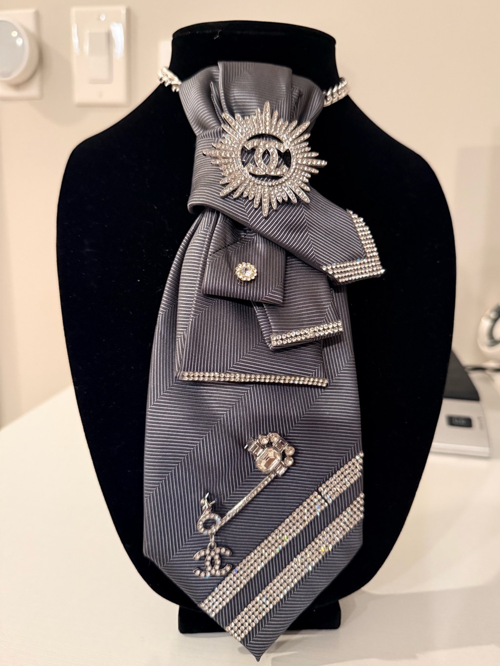 Statement Gray and Silver TIE NECKLACE with Rhinestone Brooch, Pin and Trim
